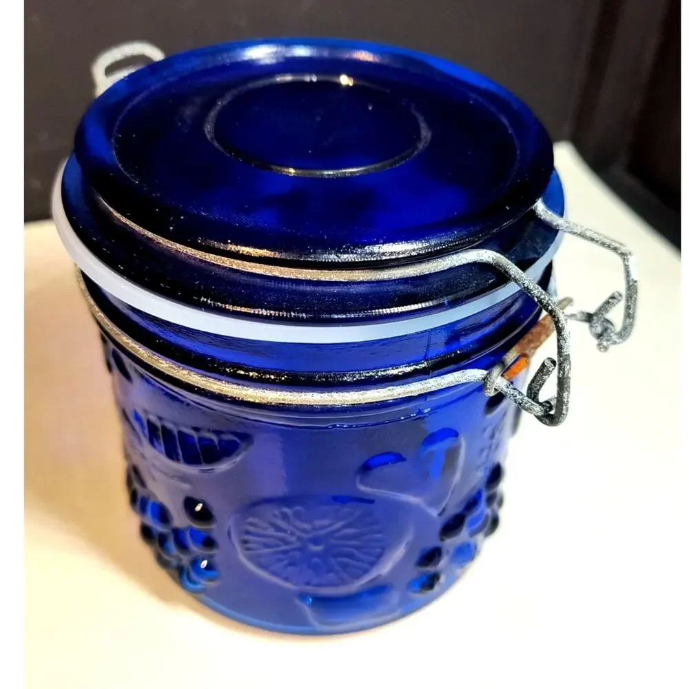1056.  Cobalt Blue Cannister New Seal Wire Bale Hinged Lid